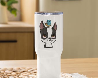 Cute boston terrier Travel mug with a handle, bird on head, boston terrier gift, whimsical boston terrier art mug. Boston terrier cartoon