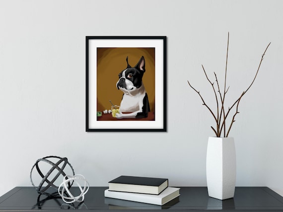 Cadeau Boston terrier, art du Boston Terrier, impression Boston Terrier au  bar en train de prendre un verre par B Rubenacker, dcoration murale,