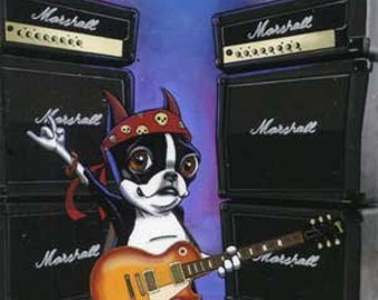 Boston Terrier Playing Guitar - Dog Art Magnet