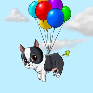 Boston terrier balloon gift art, Boston Terrier gifts, Boston Terrier lovers, boston terrier art print, wall decor, flying fart art print