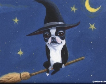 Boston Terrier gift, Boston terrier bt witch on a broom dog art magnet, Halloween magnet, Halloween boston terrier