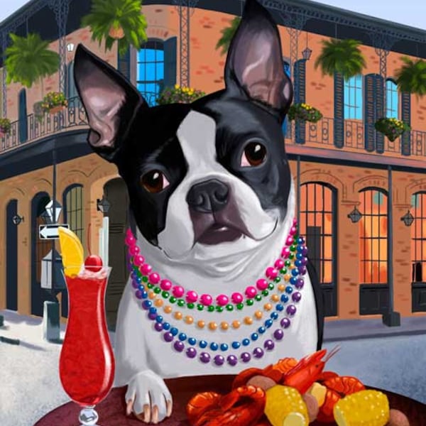 Boston terrier gift, New Orleans art, Boston Terrier print, boston terrier art, red boston terrier, brown bt