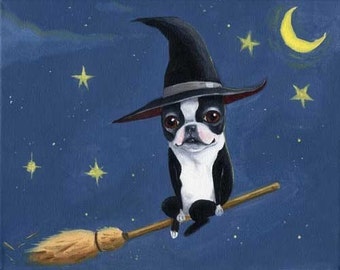 Boston Terrier Witch, Boston Terrier art, Boston Terrier gift, Dog art print, by Brian Rubenacker, Halloween decor, halloween art