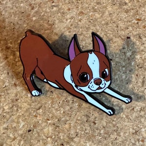 Boston terrier gift, boston terrier pin, boston terrier lapel pin, cute dog pin, boston terrier down dog, hard enamel pin, red and black