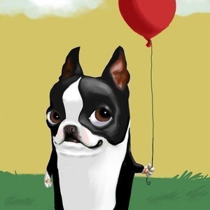 Boston Terrier with a Red Balloon, Boston Terrier gift,Boston Terrier art, Boston Terrier art print, Boston Terrier decor