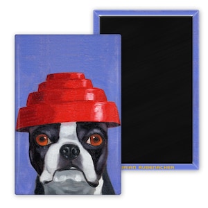 May include: A Boston Terrier dog wearing a red, multi-tiered hat against a light purple background. The dog has black and white fur and brown eyes. The painting is signed "Brian Rubendacher".