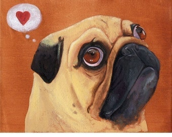 Pug gift, pug dog art, Pug Heart print, pug home and wall decor, I love pugs, Pug wall art