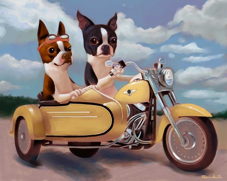 Boston terrier riding a motorcycle, Boston Terrier art gift, dog art gift, home decor, boston terrier motorcycle wall art print, red boston image 2