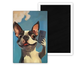 Regalo de Boston Terrier, selfie Cute Dog Art Magnet, arte de boston terrier, decoración de boston terrier, imán de nevera, tomar fotos