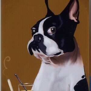 May include: A black and white Boston Terrier dog with a glass of ice water in front of it. The dog is sitting at a bar with a cigarette in its mouth.