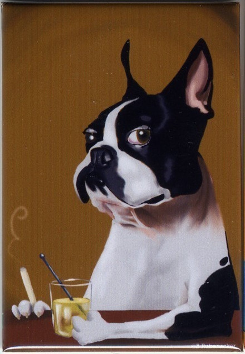 May include: A black and white Boston Terrier dog with a glass of ice water in front of it. The dog is sitting at a bar with a cigarette in its mouth.
