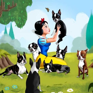 Snow White and the Seven Dwarfs Boston Terriers, Boston terrier gift, boston terrier art, boston terrier wall decor, snow white art image 2