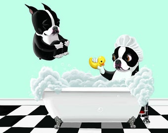 Boston Bath Time, Boston Terrier gifts, Boston Terrier lovers, boston terrier art print, wall decor