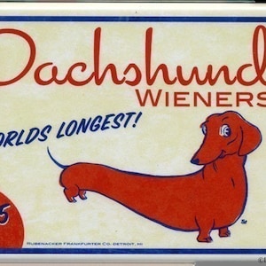 Dachshund hotdog wiener label magnet dog art, dachshund gift, dachshund fridge magnet, dachshund hotdog decor