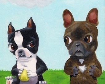 Boston terrier hoarding toys from a frenchie dog art magnet, french bulldog and boston terrier gift, boston terrier gift, kitchen decor