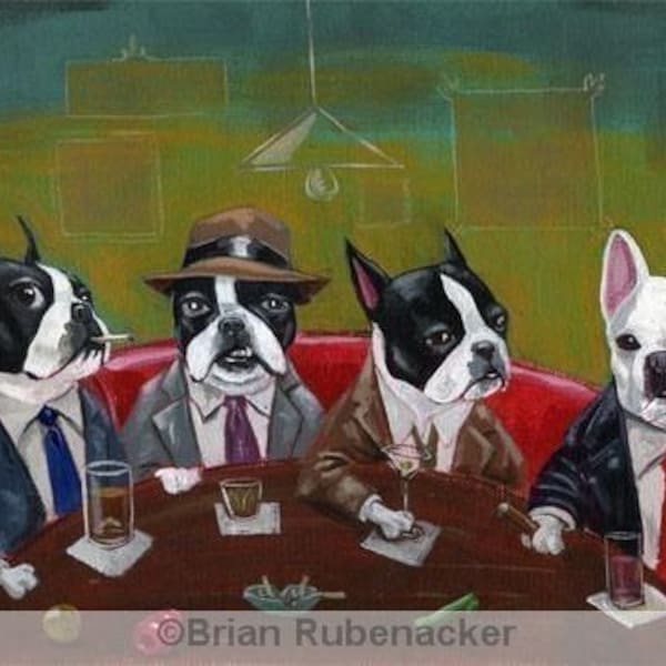 Three Boston Terriers and a French Bulldog  print by Brian Rubenacker, Boston terrier gift, French bulldog gift, Boston Terrier art, wall