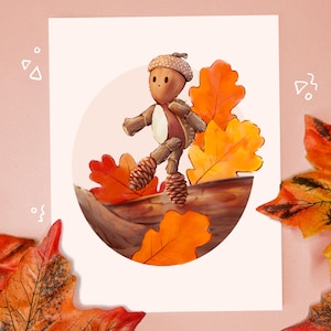 Eichelbert Autumnal Forest Spirit Art Print, Carte postale mignonne pour la maison, Cadeau d’automne pour les amis, Personnage de mythologie fantastique
