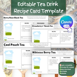 Könnte beinhalten: Eine bearbeitbare Teerezept-Kartenvorlage mit vier verschiedenen Teerezepten: Berry Rose Black Tea, Strawberry n' florals Tea, Cool Peach Tea und Hibiscus Berry Tea. Jede Karte enthält eine Getränkeillustration, Zutatenlisten mit metrischen Maßen und Zubereitungsschritte.