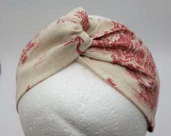 Toile de Jouy Twist Knot Turban Headband - 100% Cotton -  Red on Ecru - French Pastoral