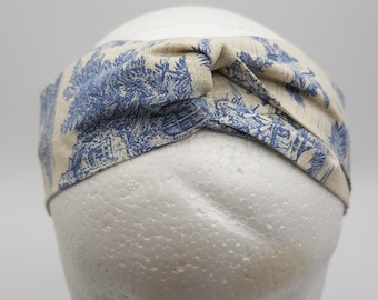 Toile de Jouy Twist Knot Turban Diadema - 100% Algodón - Azul sobre Ecru - Pastoral Francesa