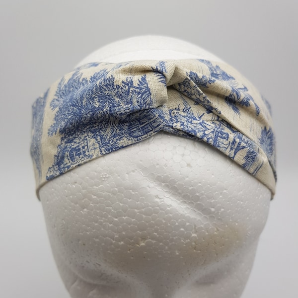 Bandeau Turban Toile de Jouy Twist Knot - 100% Coton - Bleu sur Ecru - Français Pastorale