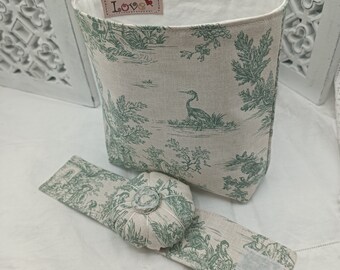 Free Standing Thread Catcher with Matching Wrist Pin cushion -  Craft Caddy -  Toile de Jouy Cotton - Green Pastoral Scene   -  Handmade