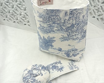 Free Standing Thread Catcher with Matching Wrist Pin cushion -  Craft Caddy -  Toile de Jouy Cotton - Blue Pastoral Scene   -  Handmade