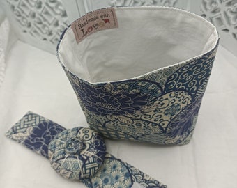 Free Standing Thread Catcher with Matching Wrist Pin cushion -  Craft Caddy -Japanese Peony Flower Cotton - Shades of Blue    -  Handmade