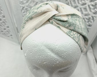 Toile de Jouy Twist Knot Turban Headband - 100% Cotton  Okeo Tex-  Green on Ecru - French Pastoral