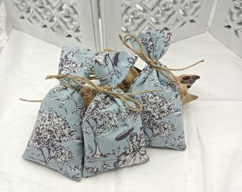 Toile de Jouy Inspired  Lavender Sachets  - Set of Three  - Smokey Blue - Period Costumes in the Park -  Handmade