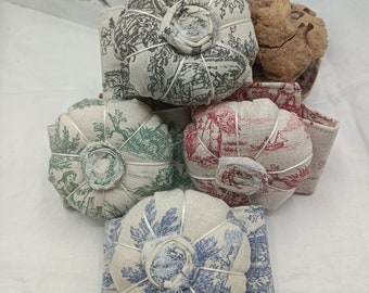 Wrist  Pin Cushion -    Toile de Jouy Cotton Print - Red- Blue- Green or Grey -  Pastoral Scene - Handmade