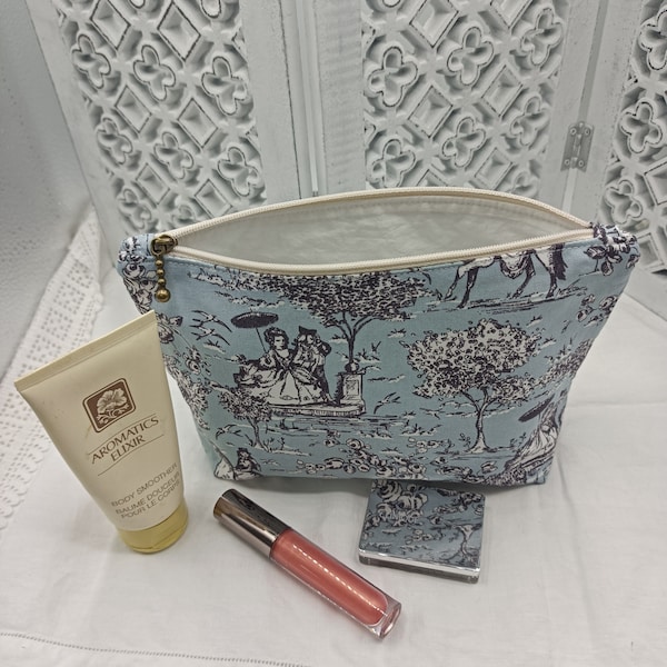 Inspiré de la toile de Jouy bleu fumé - Déguisements d'époque - Pochette à fermeture éclair - Trousse de voyage - Trousse de toilette - Fait main - Cosmétique