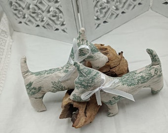 Lavender Scottie Dogs  - in Toile de Jouy -  Green on Ecru - Pastoral Scene - Handmade in France -  Gift - Lavande