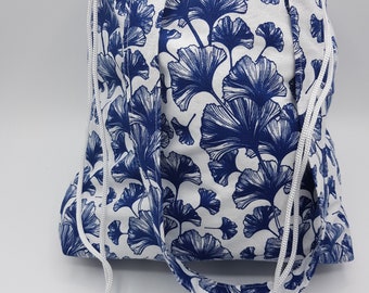 Tote Bag -Knitting -Crochet -  Drawstring Top  - Craft Caddy  - Handmade- Blue Gingko Leaves