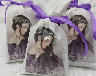 Lavender Sachets  - Shakespearen Girl - Egyption Cotton   - Transfer- Sleep Aid - Set of 3