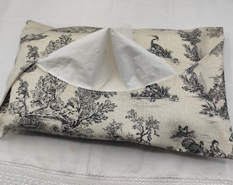 Handmade Toile de Jouy Tissue Holder Cover: French Pastoral Decor - Grey & Black