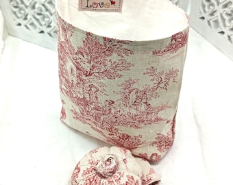 Free Standing Thread Catcher with Matching Wrist Pin cushion -  Craft Caddy -  Toile de Jouy Cotton - Red Pastoral Scene   -  Handmade