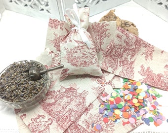 Medium Sachets - Red  Toile de Jouy - French Country -Wedding Favours- Baby Shower - Baptism - 10 Sachets - Handmade