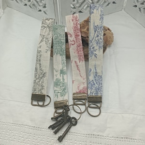 Toile de Jouy Lanyard: French Pastoral Cotton Wristlet Key Holder