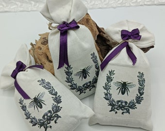 Lavender Sachets  -   Bee  with Wreath- White Linen   - Transfer- Sleep Aid