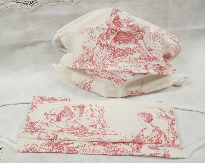 Red Toile De Jouy French Country Scene Washable Face Mask Linen With