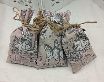 Toile de Jouy Inspired  Lavender Sachets  - Set of Three  - Dusky Pink - Period Costumes in the Park -  Handmade