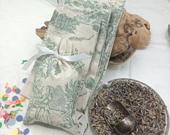 Medium Sachets -Green Toile de Jouy - French Country -Wedding Favours- Baby Shower - Baptism - 10 Sachets - Handmade