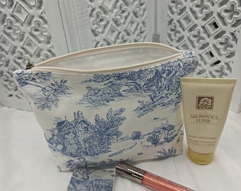 Toile de Jouy- Blue Pastoral Scene - Zipper Pouch-  - Travel pouch - Toiletry Pouch - Handmade - Cosmetic Bag