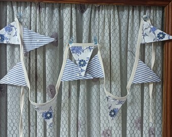 Reversable Blue  Floral and Striped Bunting- 2.5mts length -  10 Flags - Party Bunting -  Handmade