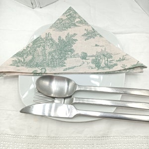 Toile de Jouy Green Pastoral Scene - Algodão-Okeo-Tex - Guardanapos de mesa conjunto de 4 - Feito à mão - 2 tamanhos 30 cm x 30 cm e 40 cm x 40 cm