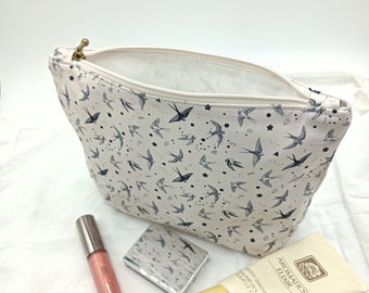 Cosmetic - Zipper Pouch-  - Travel pouch - Toiletry Pouch - Handmade - Cotton - Swallows in Flight - Cream and Black