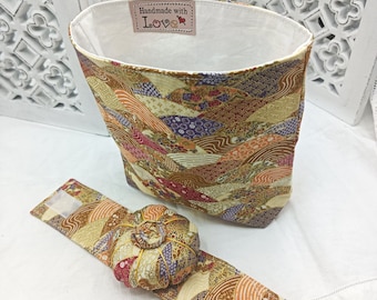 Free Standing Thread Catcher with Matching Wrist Pin cushion -  Craft Caddy -Japanese Kimon Cotton    -  Handmade -  Work bin