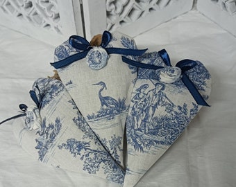 Lavender Sachets -  Blue Toile de Jouy- Handmade in France  - Blue and White Stripes- Valentine - Birthday - Bridesmaid Gift - Set of Three