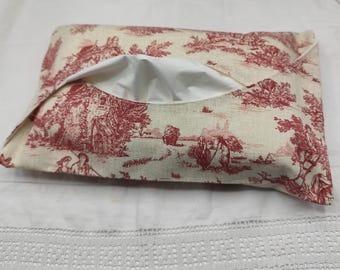 Red Toile de Jouy  Table size Tissue Holder Cover: Handmade French Pastoral Decor